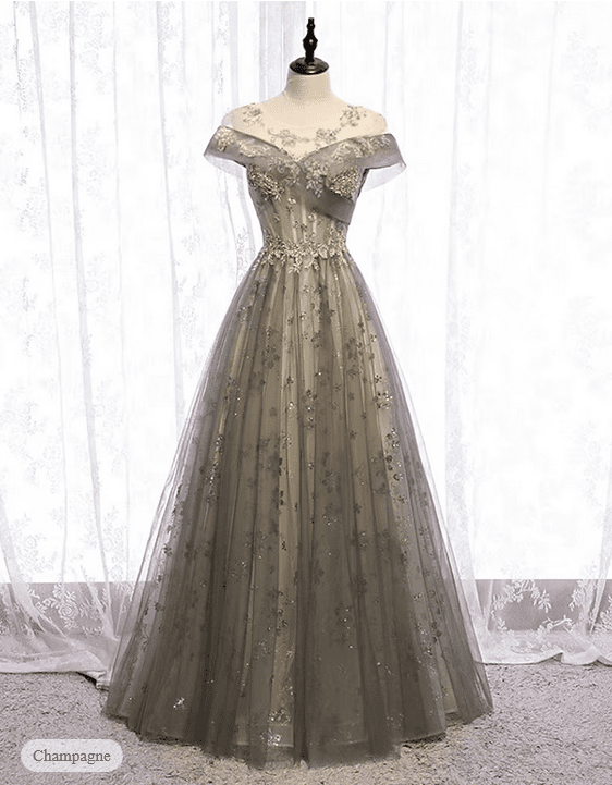 ALine Evening Gown Floral Dress Wedding Guest Engagement Floor Length Short Sleeve Illusion