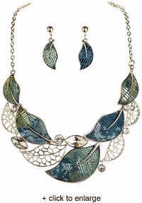 Silver Blue Metallic Leaves Necklace