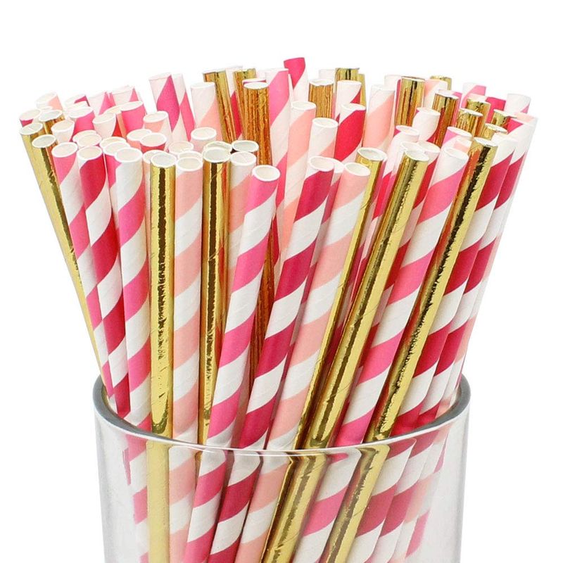 Assorted Decorative Striped Paper Straws 100pcs Light Pink/Fuchsia/Bubblegum Striped w/Solid
