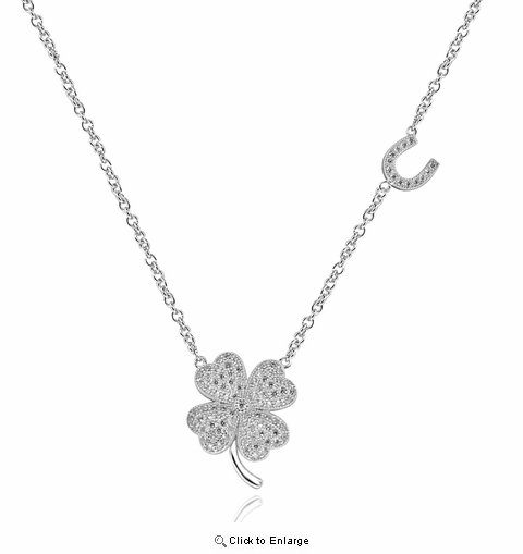 CZ Four Leaf Clover Pendant Necklace in Sterling Silver, Adjustable 16" -18"
