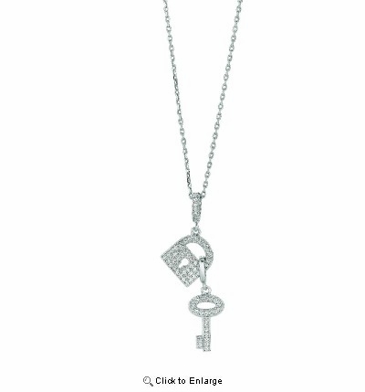 Pave CZ Lock & Key Necklace in Sterling Silver, Adjustable 16"-18"