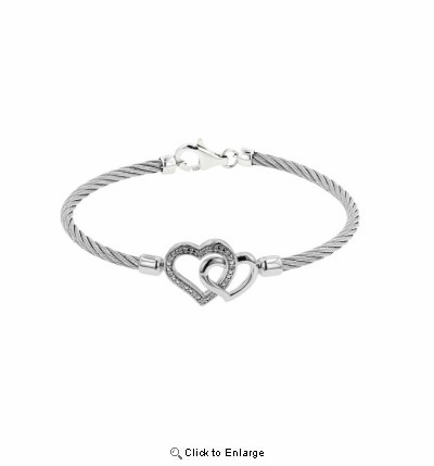 Silver Cable and Diamond Double Heart Bracelet