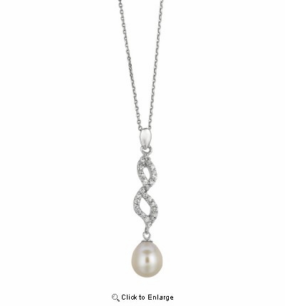 Vintage Style CZ Pearl Drop Necklace in Sterling Silver, 16"-18"