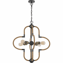 Cal FX-3819-4 Tahoka Contemporary Burlap / Black Iron / Antique Brass Hanging Chandelier