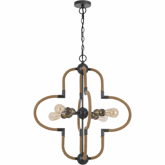 Cal FX-3819-4 Tahoka Contemporary Burlap / Black Iron / Antique Brass Hanging Chandelier