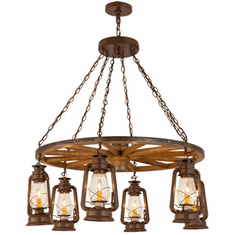 Meyda Custom 160381 Miner's Lantern Wagon Wheel Modern Rust Hanging Chandelier