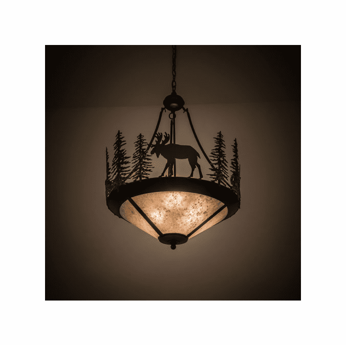 Meyda Custom 173130 Wandering Moose Rustic Black / Green Trees / Silver Mica Ceiling Light Pendant