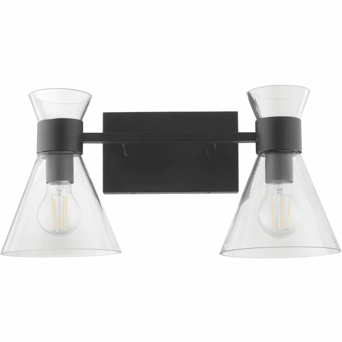 Quorum 51192259 Beldar Modern Matte Black w/ Clear Glass 2Light Bathroom Vanity Light Fixture