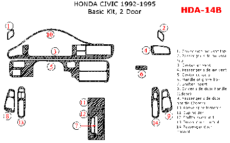 1992-1995 Honda Civic Coupe Basic Dash Trim Kit, 14 Pcs
