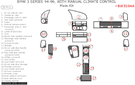 1994-1996 BMW 3 Series Main Dash Trim Kits, w/ Manual Climate Control, 26 Pcs