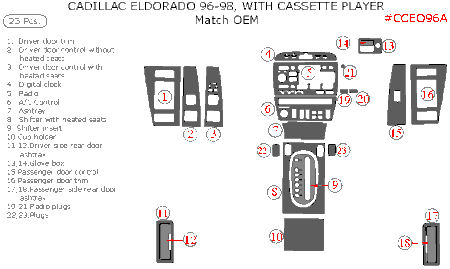 1996-1998 Cadillac Eldorado Interior Dash Trim Kit w/ Cassette, 23 Pcs, OEM Match