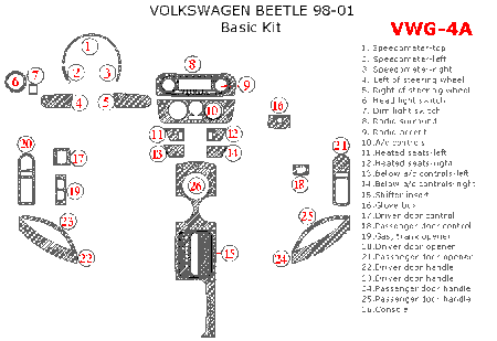 1998-2001 VW Beetle Basic Dash Trim Kit, 25 Pcs