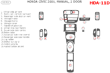 2001 Honda Civic Coupe Manual Main Dash Trim Kit, 16 Pcs