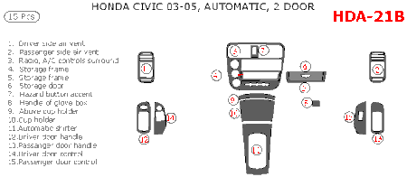 2003-2005 Honda Civic Coupe Main Dash Trim Kit, w/ Automatic, 15 Pcs