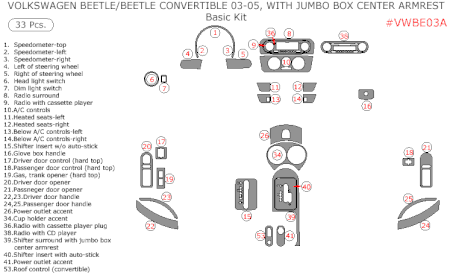 2003-2005 VW Beetle Basic Dash Trim Kit, 33 Pcs, w/ Jumbo Armrest (Hardtop & Convertible)