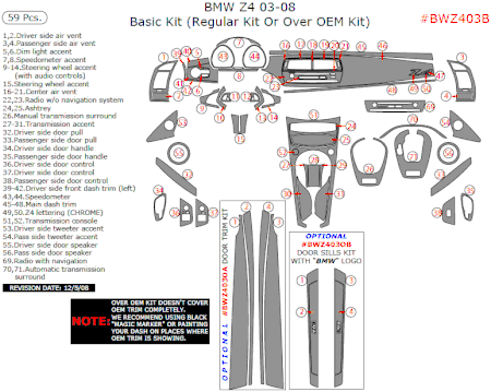 2003-2008 BMW Z4 Basic Dash Trim Kit, 59 Pcs