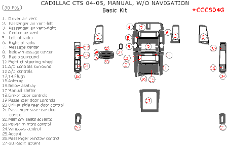 2004 2005 Cadillac CTS Manual, w/o Navigation, Basic Dash Trim Kit, 30 Pcs