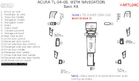 2004-2008 Acura TL Basic Dash & Interior Trim Kit, With Navigation System, 20 Pcs