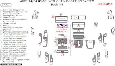 2005-2008 Audi A4 Basic Dash Trim Kit, w/o Navigation System, 26 Pcs