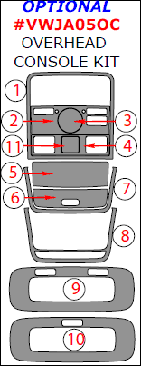 2005-2010 VW Golf, 05-09 GTI / Jetta / Rabbit Optional Overhead Console Trim Kit, 11 Pcs