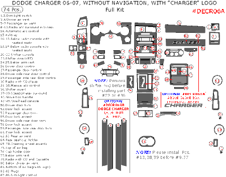 2006-2007 Dodge Charger Complete Dash Kit "CHARGER" Logo: w/o Navigation, 74 Pcs