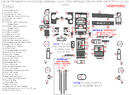 2006-2007 Dodge Charger Complete Dash Kit "SRT8" Logo: w/o Navigation, 74 Pcs