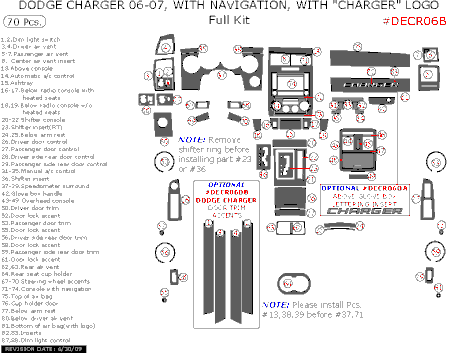 2006-2007 Dodge Charger Full Dash Kit, w/ Navigation, w/ "Charger" Logo, 70 Pcs