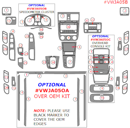 2006-2009 VW GTI / Jetta / Rabbit Main Dash Trim Kit, w/ Auto Trans, w/ Digital Climate Control, 31 Pcs