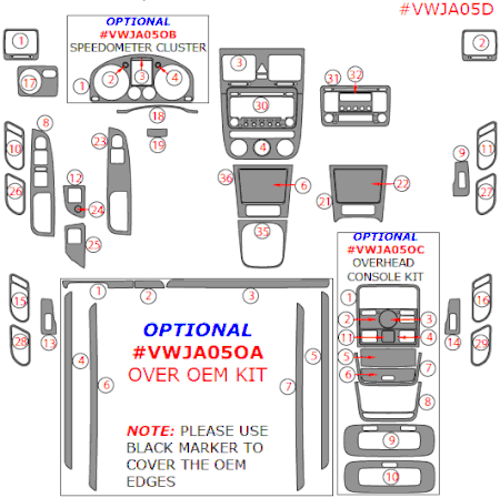 2006-2009 VW GTI / Jetta / Rabbit Main Dash Trim Kit, w/ Manual Trans, w/ Digital Climate Control, 31 Pcs