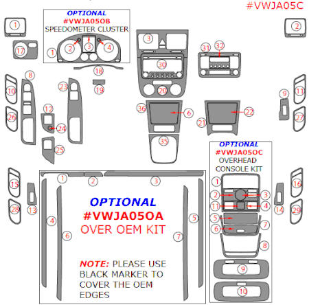 2006-2009 VW GTI / Jetta / Rabbit Main Dash Trim Kit, w/ Manual Trans, w/ Manual Climate Control, 31 Pcs