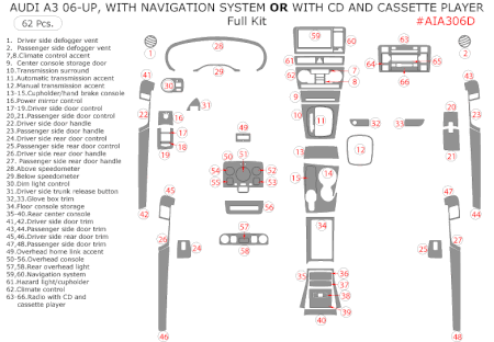 2006-2010 Audi A3 Full Dash & Interior Trim Kit, w/ Navigation OR w/ CD & Cassette Player, 62 Pcs