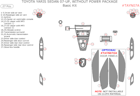 2007-2010 Toyota Yaris Sedan Basic Dash Trim Kit, w/o Power Package, 27 Pcs