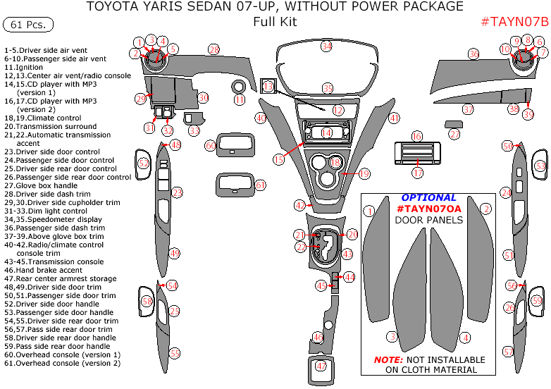 2007-2010 Toyota Yaris Sedan Full Dash Trim Kit, w/o Power Package, 61 Pcs