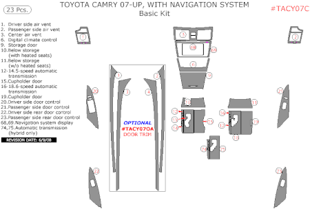 2007-2011 Toyota Camry Interior Basic Dash Trim Kit, w/ Navigation, 23 Pcs