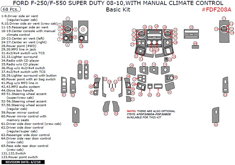 20082010 Ford F250 F550 SD w/ Manual Climate Control, Basic Dash Trim