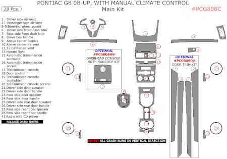 2008-2010 Pontiac G8 Main Dash Trim Kit, With Manual Climate Control, 28 Pcs