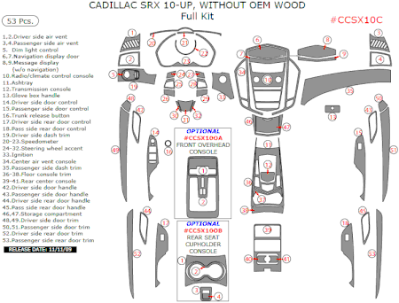2010-2012 Cadillac SRX Interior Full Dash Trim Kit w/o OEM Wood, 53 Pcs