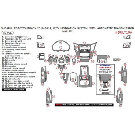 2010-2014 Subaru Legacy/Outback Main Dash & Interior Trim Kits, w/o Navigation System, w/ Auto Transmission, 52 Pcs