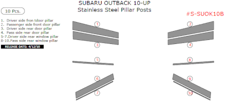 2010-2012 Subaru Outback Stainless Steel Pillar Posts, 10 Pcs