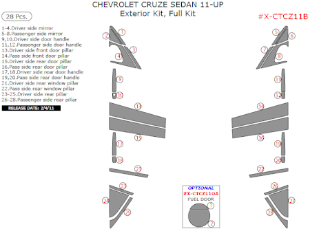 2010-2015 Chevrolet Cruze Exterior Kit, Full Kit (Sedan Only), 28 Pcs