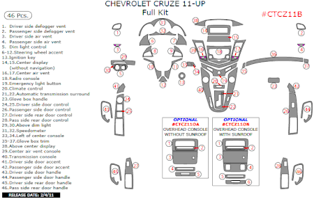 2010-2015 Chevrolet Cruze Full Interior Dash Trim Kit, 46 Pcs
