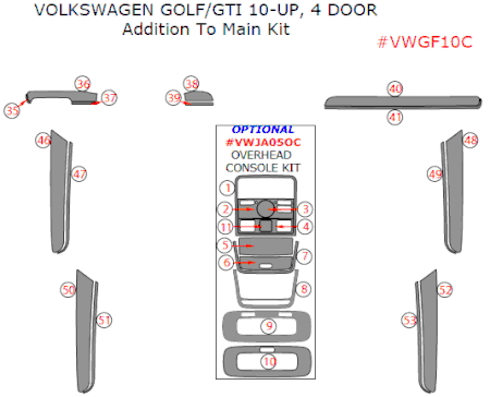 2010 VW Golf / GTi Sedan Addition to Main Dash Trim Kit, 15 Pcs