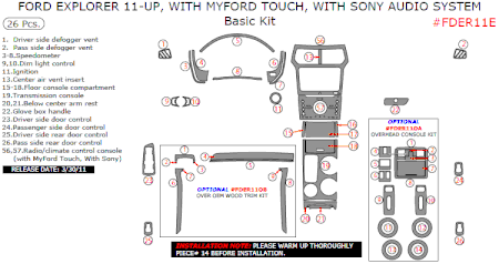 2011 Ford Explorer Basic Dash Trim Kit, w/ MyFord Touch, w/ Sony Audio System, 26 Pcs