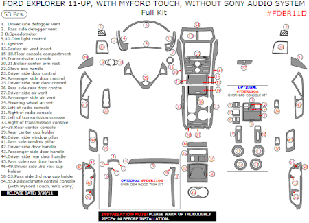 2011 Ford Explorer Full Dash Trim Kit, w/ MyFord Touch, w/o Sony Audio System, 53 Pcs