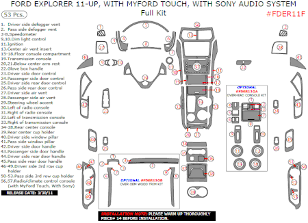 2011 Ford Explorer Full Dash Trim Kit, w/ MyFord Touch, w/ Sony Audio System, 53 Pcs