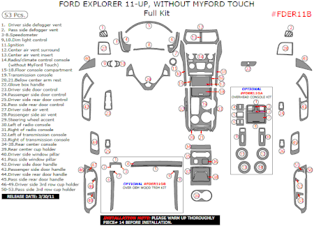 2011 Ford Explorer Full Dash Trim Kit, w/o MyFord Touch, 53 Pcs
