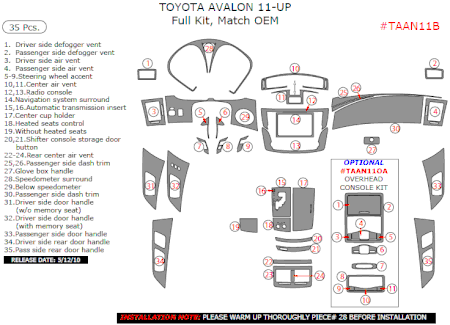 2011-2012 Toyota Avalon Full Dash Trim Kit, Match OEM, 35 Pcs