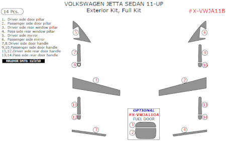 2011 VW Jetta Sedan Exterior Full Trim Kit, 14 Pcs