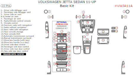 2011 VW Jetta Sedan Interior Basic Dash Trim Kit, 22 Pcs