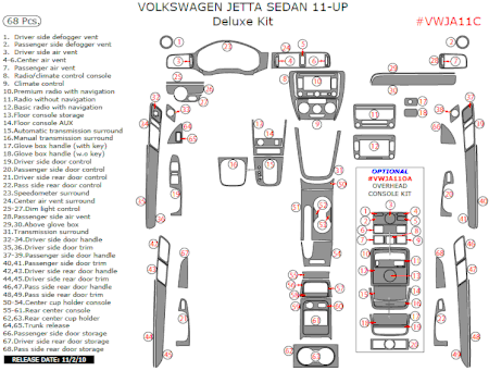 2011 VW Jetta Sedan Interior Deluxe Dash Trim Kit, 68 Pcs